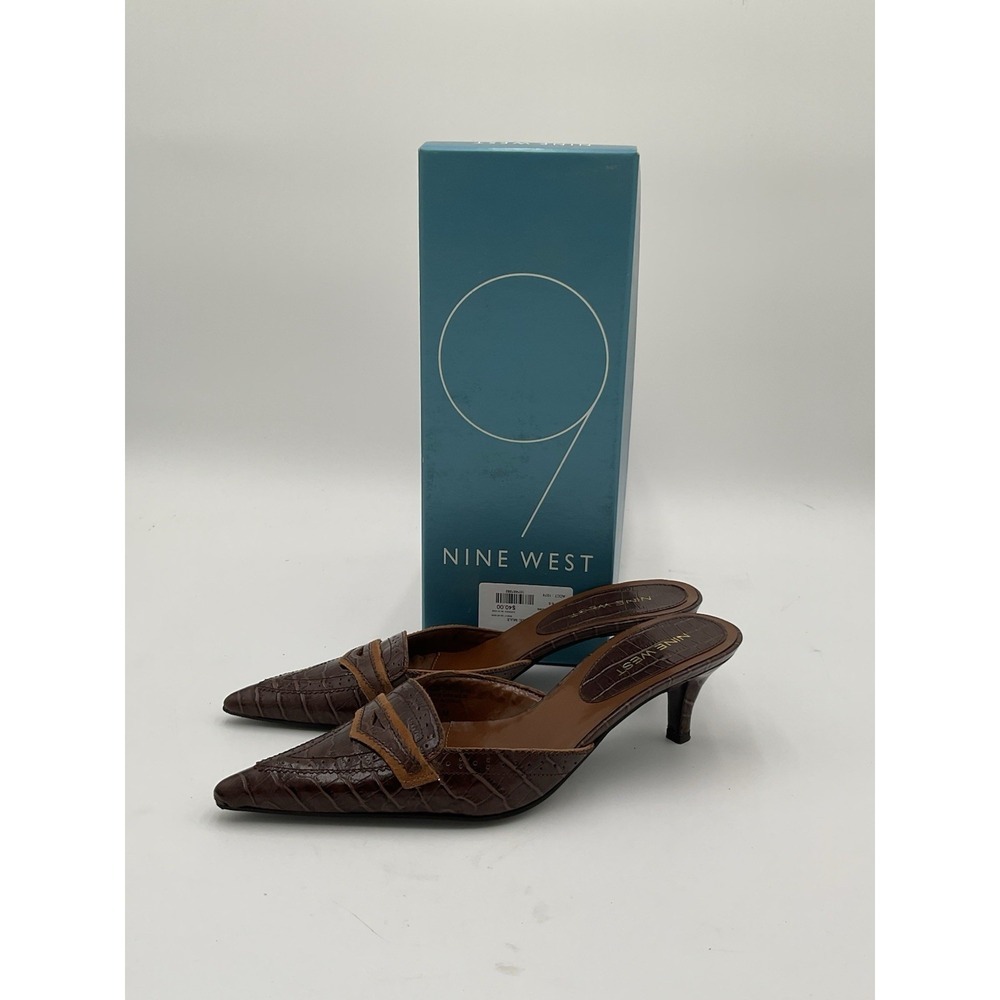 NINE WEST APRILIA CROCO MULE HEELS Women's Size 6.5M BROWN EMBOSSED POINTED TOE